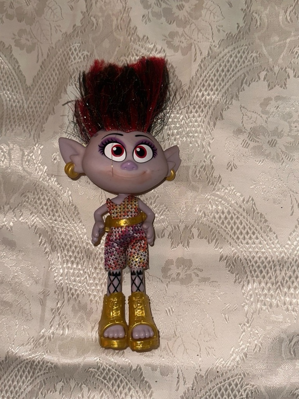 Purple Troll Doll with Red and Black Hair and Gold Shoes